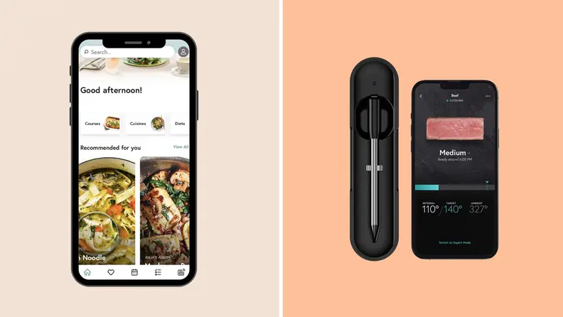 A smartphone displaying the Yummly app  next to an image of the Yummly thermometer.