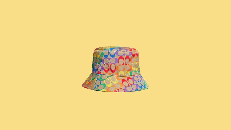 rainbow printed bucket hat on yellow background