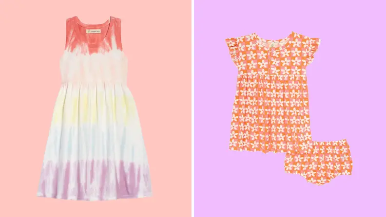 An image of a tie-dye kids' dress net to an image of a floral orange and white baby/toddler ruffled dress and short set.