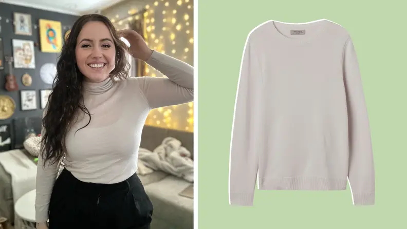 The author wearing a beige turtleneck, and also a shot of a cream-colored crewneck sweater.