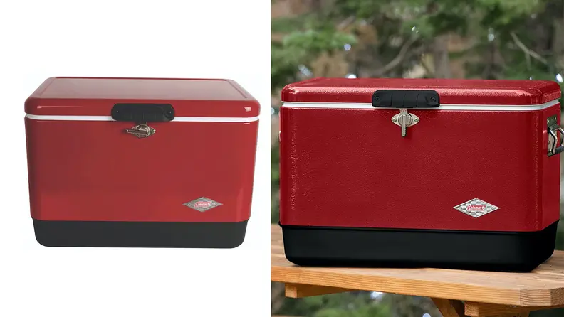 A Coleman ice cooler against a white backdrop, and another against a green forest backdrop.