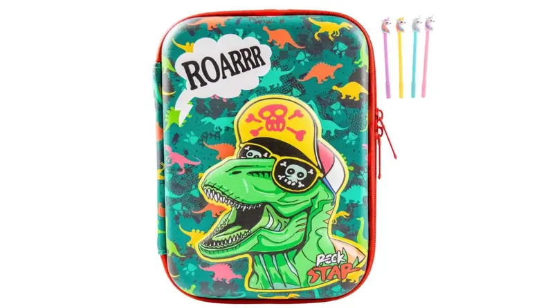Green multi-colored dinosaur pencil case.