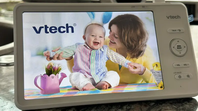 The Vtech baby monitor with the boot-up display.