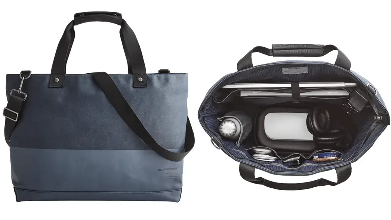 Black Mack Weldon commuter bag with rubberized bottom, open Mack Weldon bag showing inside contents.