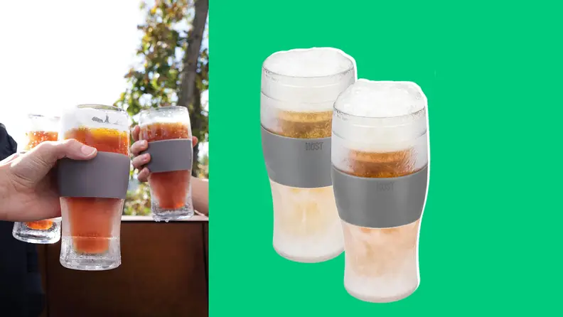 Photo of hands cheersing frozen beer glasses next to a photo of the glasses on a dark green background