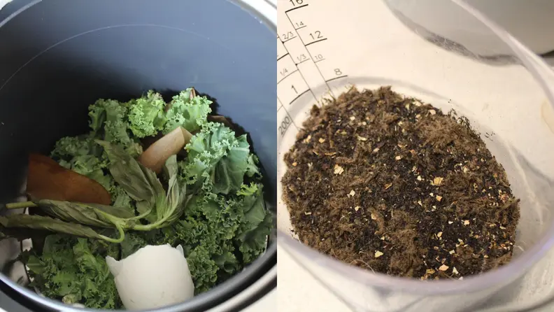 The inside of a Vitamix Eco 5 FoodCycler next to a plastic measuring cup with compost inside it.