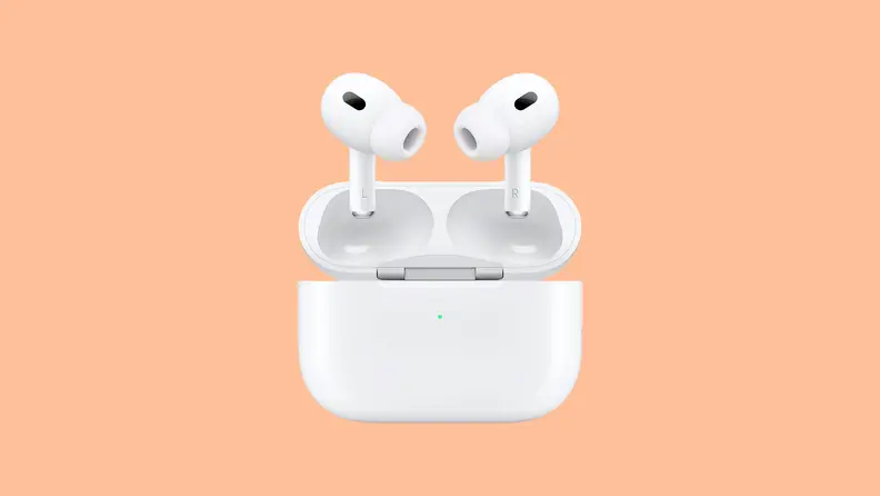 Apple AirPods on an orange background.