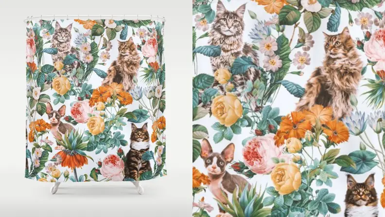 A shower curtain with flowers and cats