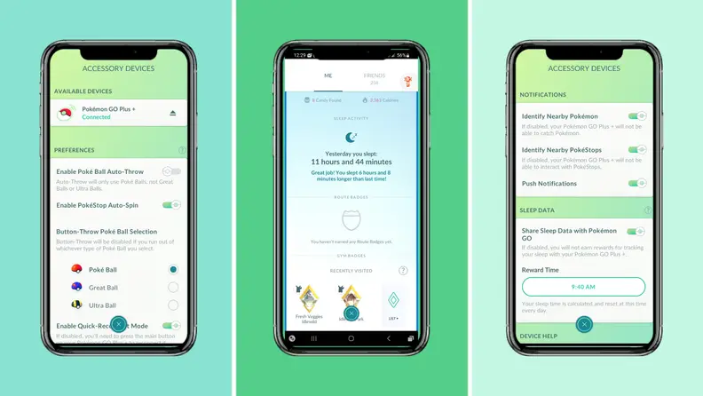 Three smartphones side-by-side featuring the Pokémon Go Plus + app on the screen.