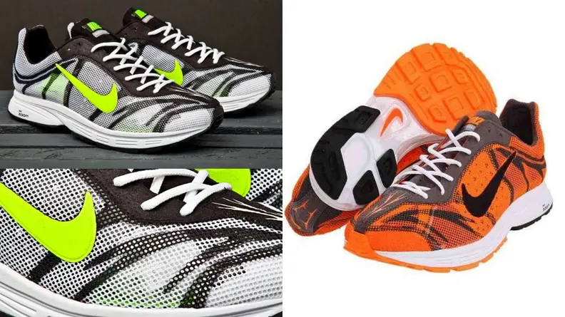 Pair of black and green Nike Zoom Streak 3 running shoes, pair of orange and black Nike Zoom Streak 3 running shoes.