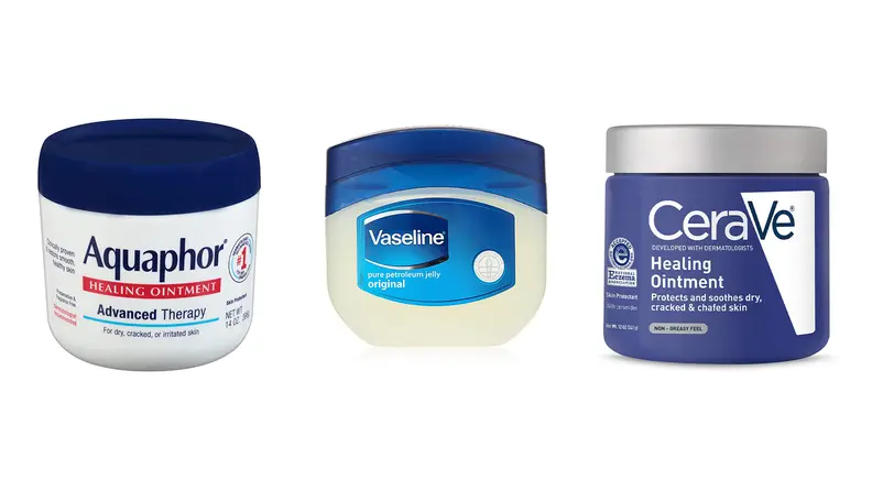Three bottles of petroleum jelly from Aquaphor, Vaseline, and Cerave.