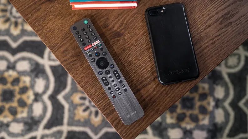 A close-up of the remote control that comes with the Sony X80J