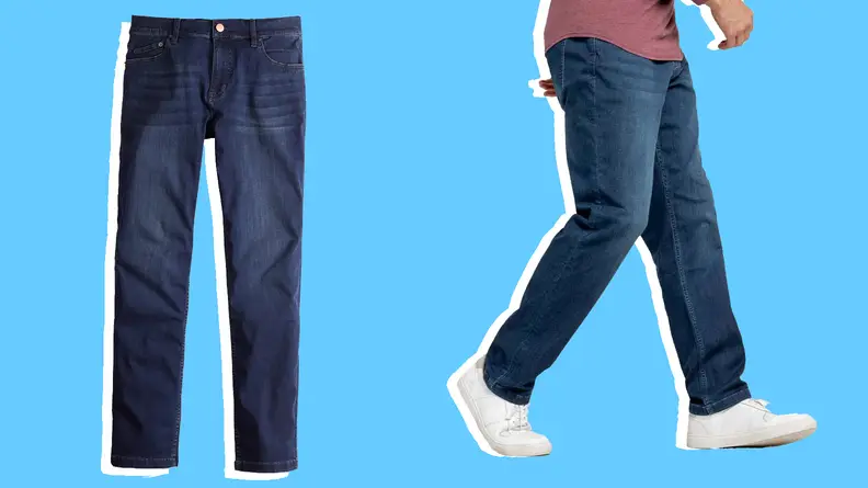 A pair of mugsy jeans and a model walking while wearing a pair of Mugsy jeans.