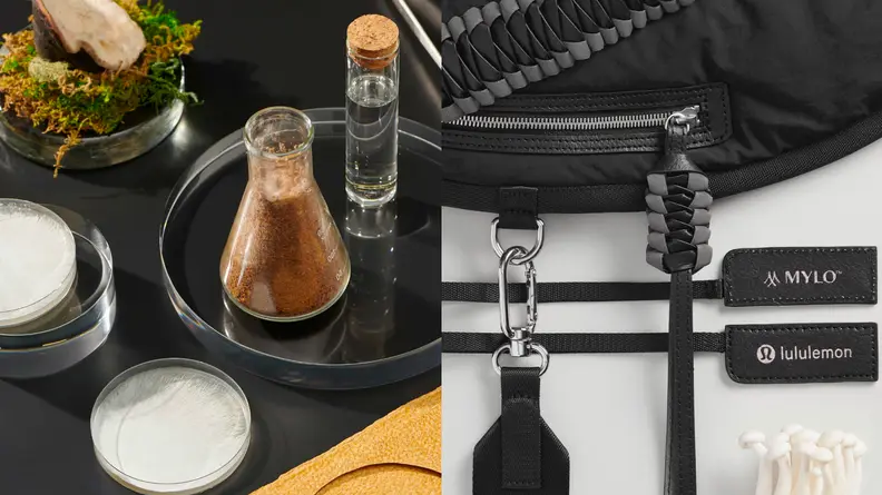An image of a beaker and petri dish filled with fibrous white material next to an image of the Mylo leather-like accents on the lululemon bag, laid out and viewed from an overhead angle.