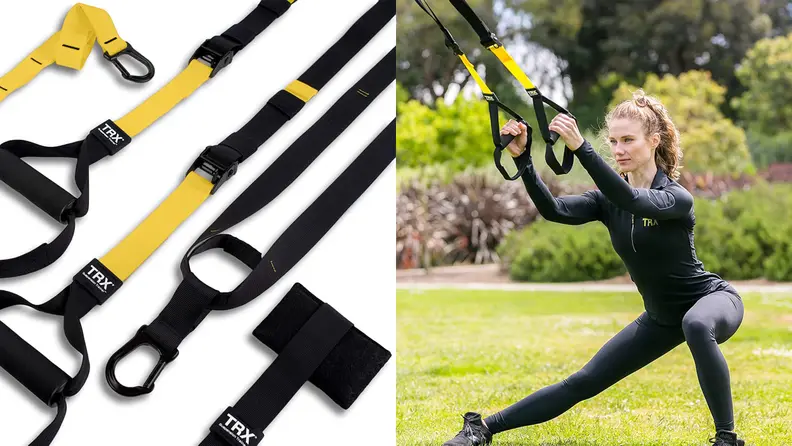 right: trx cables on white background left: woman using trx cables outside