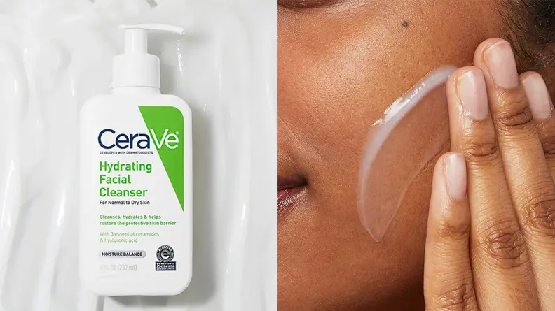 On the left: The Cerave Hydrating Cleanser's green and white bottle lays on a background of creamy cleanser. On the right: A closeup of a person's cheek as they glide the white cleanser across their dark skin.