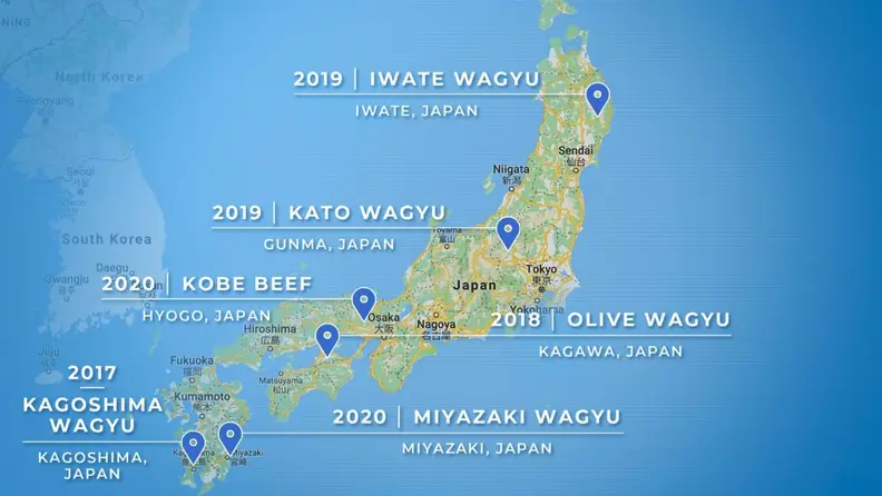 A map of Japan illustrating the various areas where wagyu beef is most exported, including the popular Miyazaki Wagyu.
