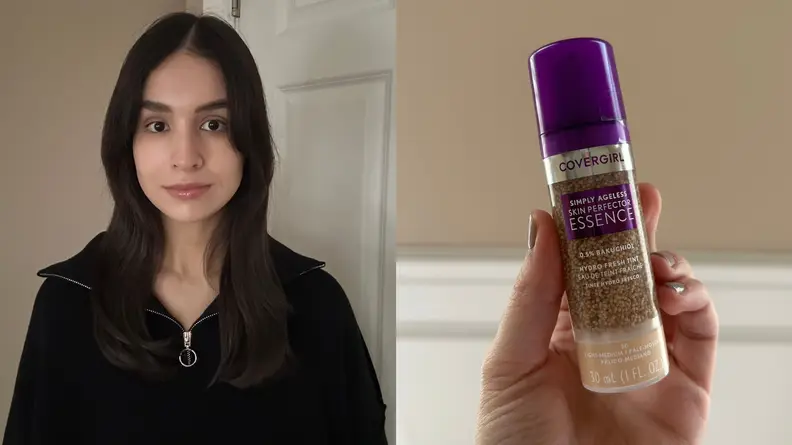 Portrait of a woman and a bottle of foundation against a wall.