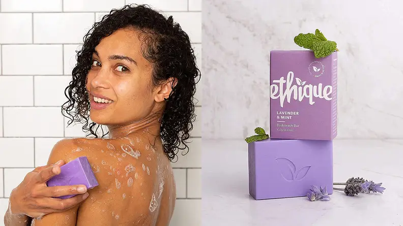 On the left: A person holding a purple bar soap up to their shoulder and washing their body. On the right: A purple bar soap from Ethique.