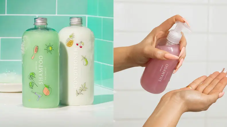 On the left: A green Function of Beauty shampoo and a white conditioner sit on the side of a white tub with a green tiled background. On the right: A person holds their right hand out and pumps a pink shampoo with their left hand.