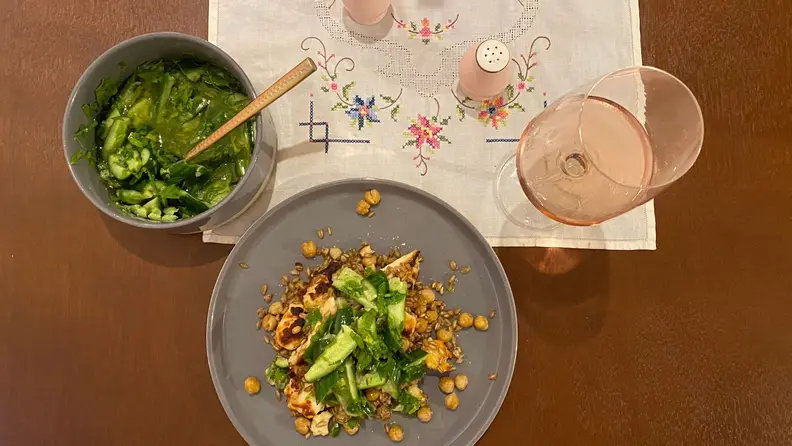 A top-down photo of a vegetarian dinner.