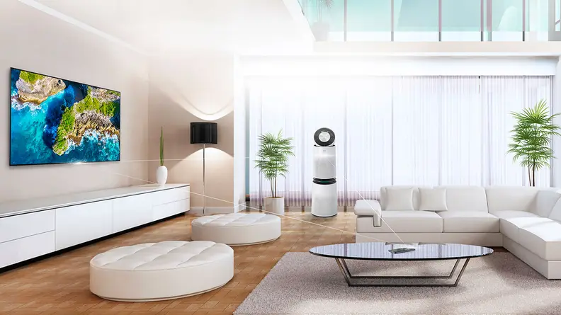 A shot of a living room, with superimposed lines connecting different appliances to a phone resting on a table.