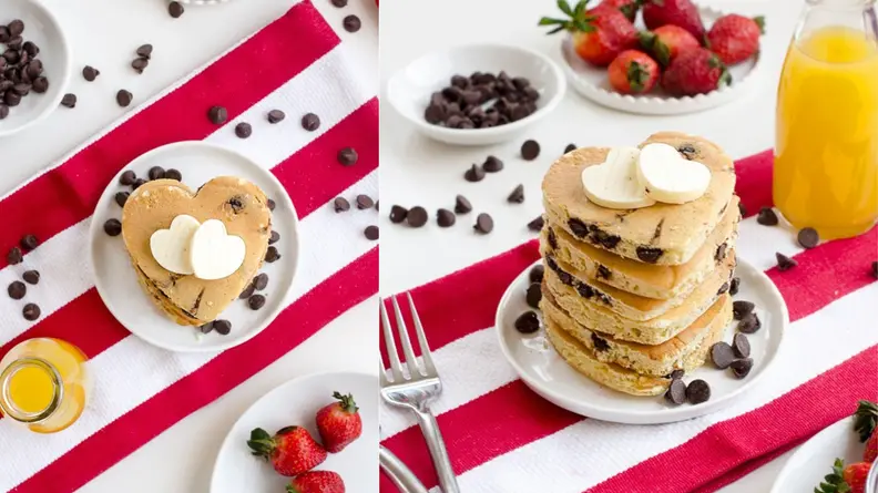 Two side-by-side photos of stacked heart-shaped chocolate chip pancakes