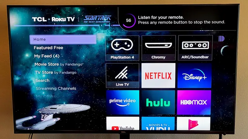 A TV screen is shown with a countdown for a remote finder signal. Also on the screen are several streaming service apps and it's got a start trek theme.