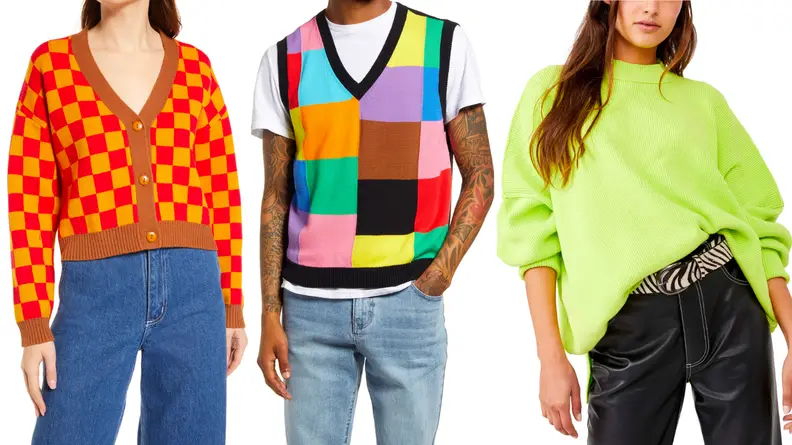 Three individuals wearing brightly colored and patterned tops, including an orange and yellow checked cardigan, a colorblock sweater vest, and a lime green, oversized sweater.