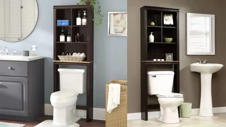 Side-by-side image of a toilet with storage in two different bathrooms