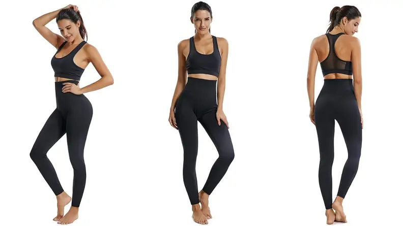 An athletic model is shown in three separate poses, wearing a black sports bra and leggings.