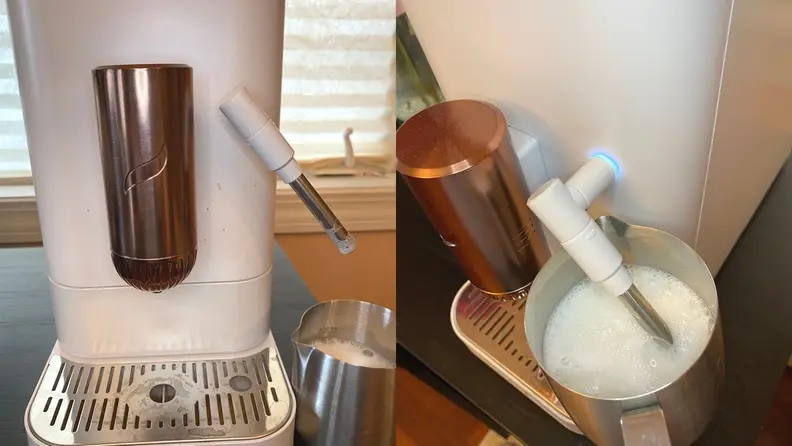On left, a photo of the Cafe Affetto with steam wand pulled out. On right, photo of the steam wand steaming a jug of milk.