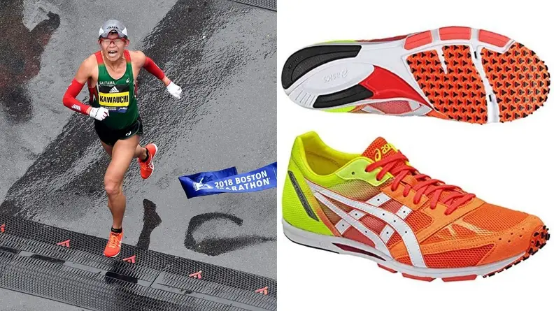 Yuki Kawauchi running in a pair of Sortiemagic RP 2 sneakers from ASICS at the 2018 Boston Marathon.