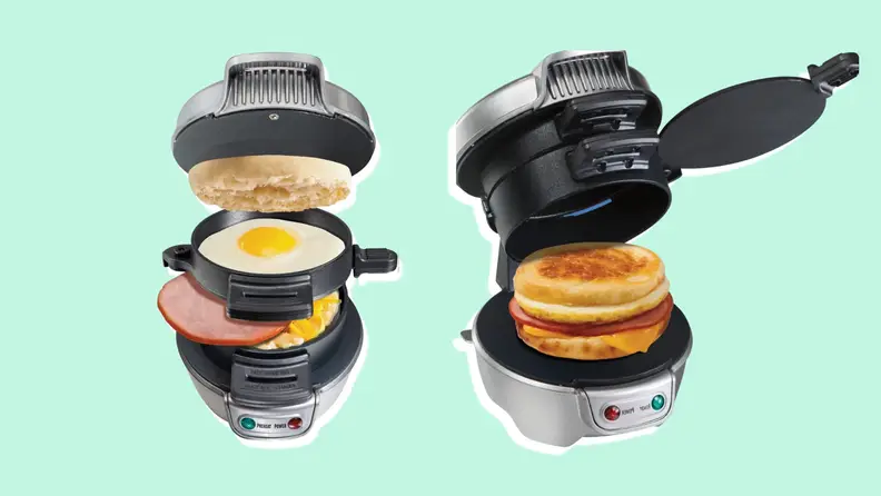 Two photos of breakfast sandwich makers with all ingredients exposed