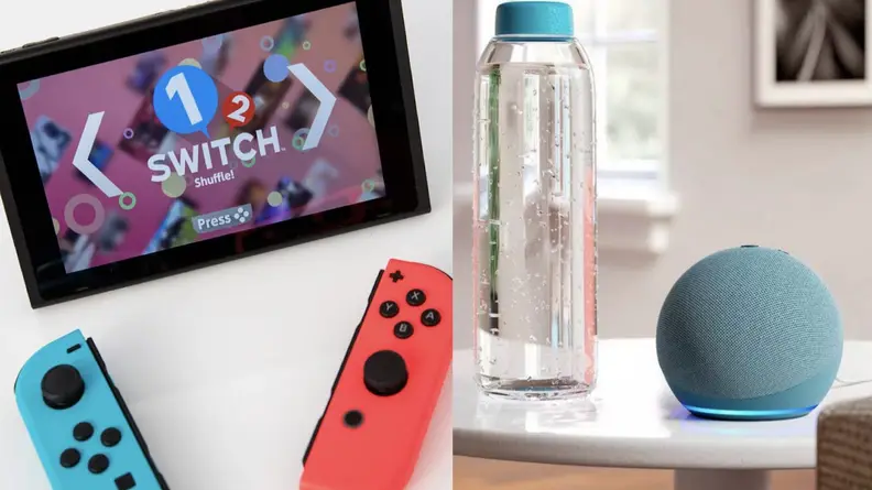 Side-by-side images of Nintendo switch and Amazon Echo device