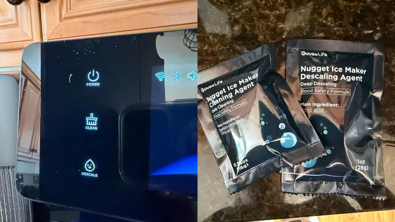 A split view of the ice maker LED control panel and the included descaling and cleaning agent packets.