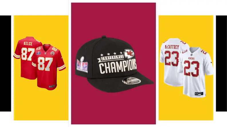 Red Kelce 87 jersey, black Kansas City Chiefs conference champions cap, and white McCaffrey jersey