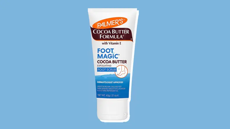 Palmer's foot scrub in front of a blue background.