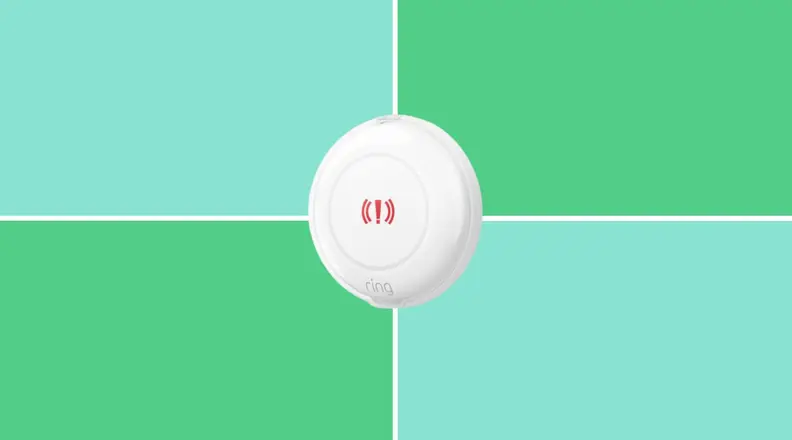 The Ring Alarm Panic Button on a blue and green background