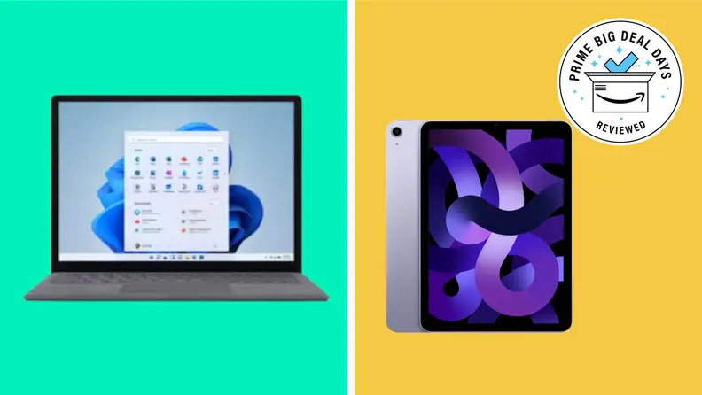 A Microsoft laptop and an Apple tablet with the Prime Big Deal Days Reviewed badge in front of colored backgrounds.