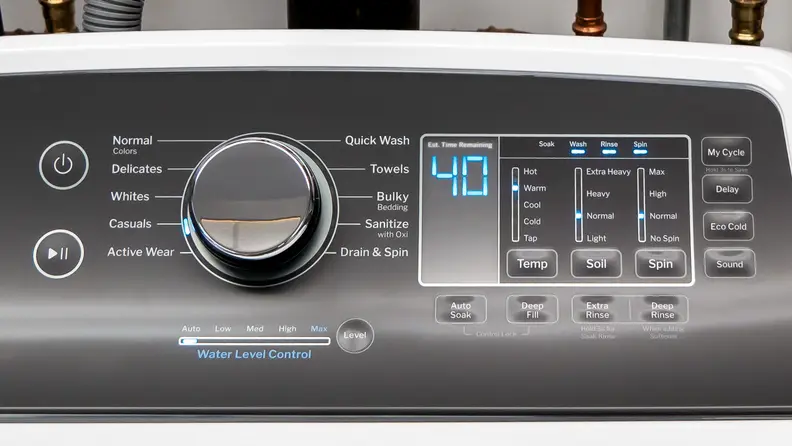 A close up of a GE washer’s control panel.