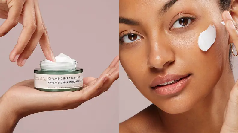 On the left: A hand holding a green and gold jar uncapped to reveal a white cream. On the right: A closeup on someone's face as they apply white cream to their cheek.