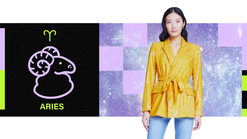 On the left is an illustration of the zodiac sign for Aries. On the right is TK.