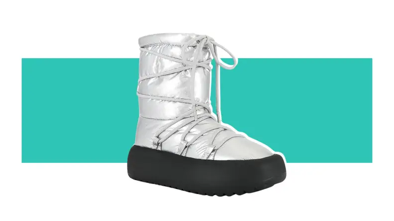 A silver boot with heavy black sole.