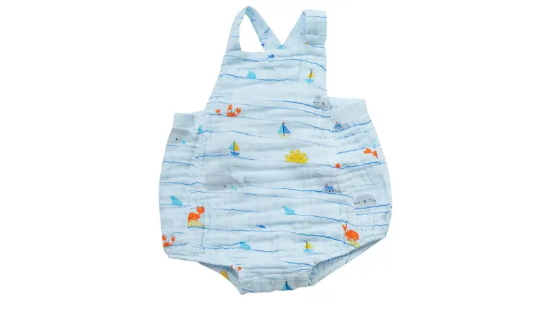 Angel Dear Retro Sunsuit in light blue with boat print.