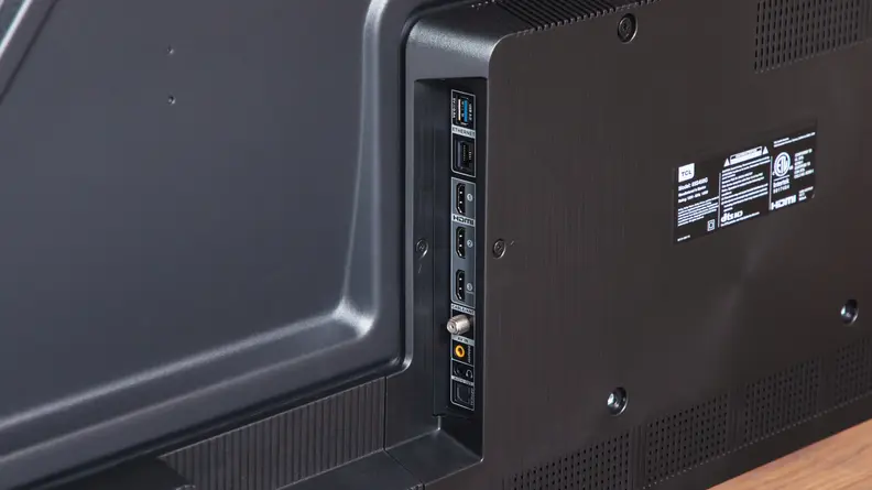 An up close view of the back of the TCL S4 LED TV connectivity.