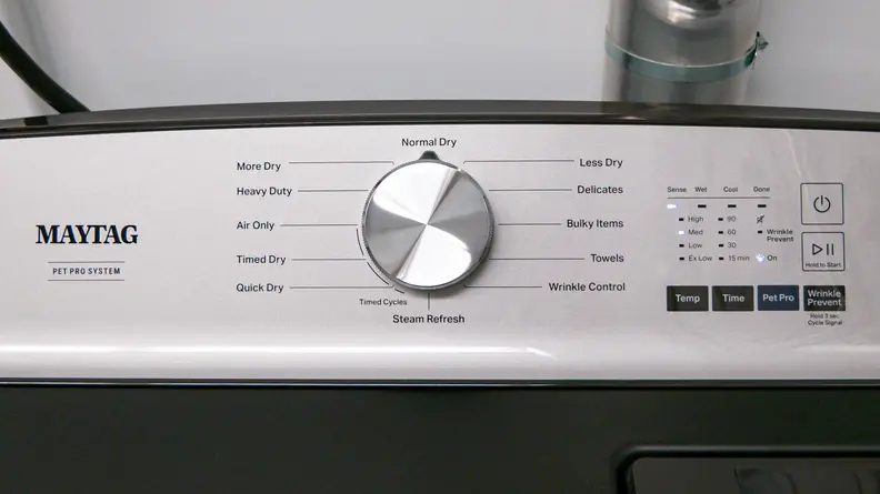 Maytag Pet Pro MED6500MBK dryer featuring knob and controls.