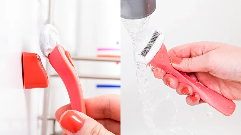 On the left: A coral Billie razor is held out in front of its magnetic holder that's stuck to a white shower wall. On the right: The coral Billie razor is held under a stream of water coming from a tub spout.