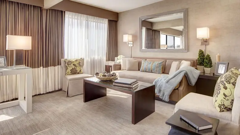 Large living space of a room in a pet-friendly hotel