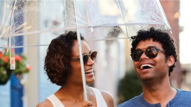 Two people stand under a clear bubble umbrella